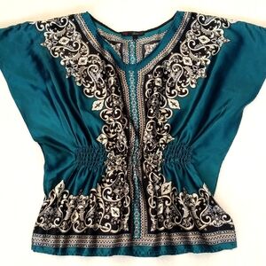 Heart Soul Elegant Teal Embroidered Open Cap Batwing Sleeve Women's Blouse M